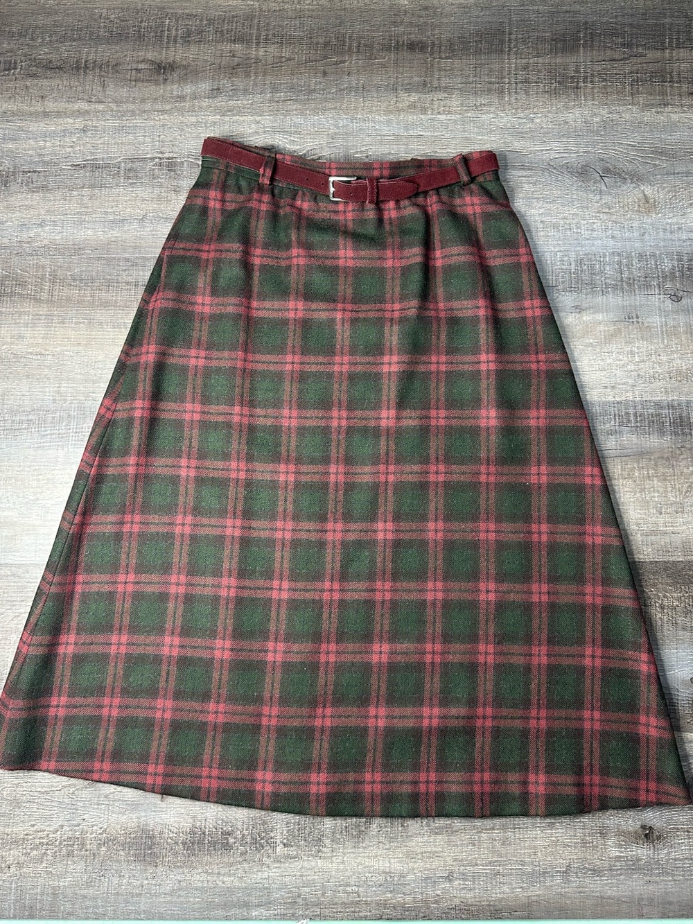 Vintage David Brooks Wool Maroon Green Tartan A Line Skirt w Belt Pockets 12